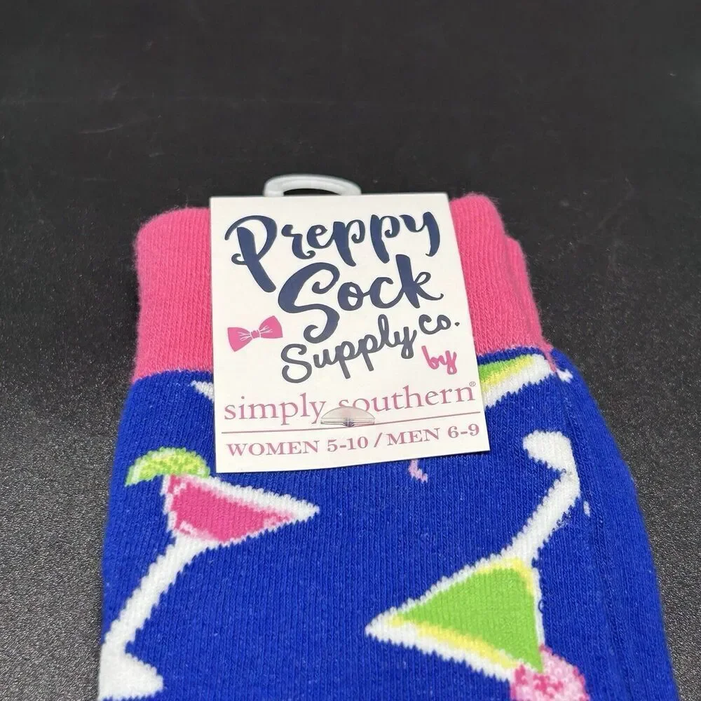 New Simply Southern Socks Womens 5-10 Blue Martini High Sock Pull On Preppy Sock